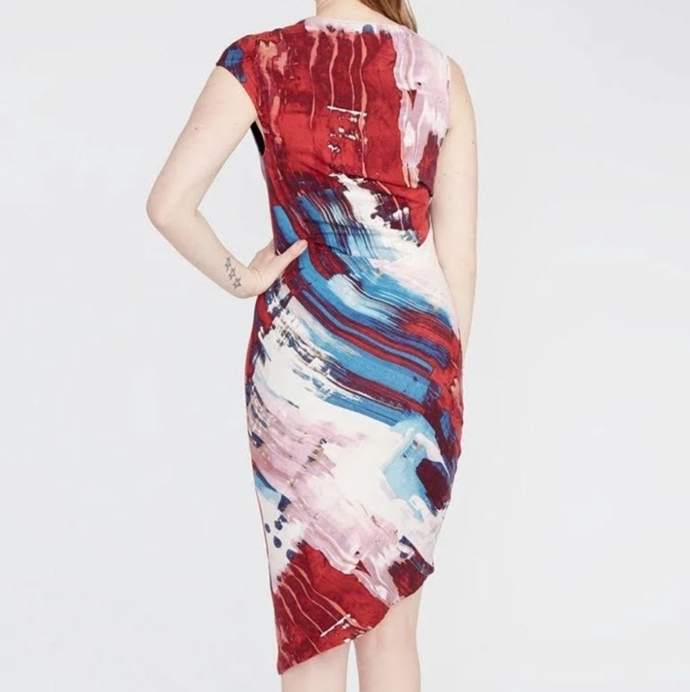 RACHEL Rachel Roy Abstract Print Asymmetrical Dress in Red, Blue, and White - Picture 4 of 10